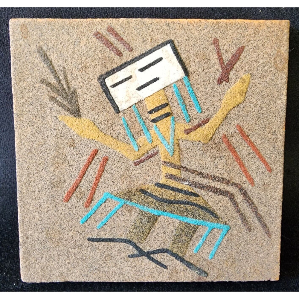Vintage Native American Navajo Sand Painting Art 4” Tile Rainbow Signed YAZZIE